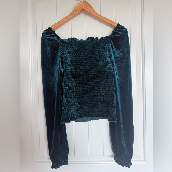 Laundry by Shelli Segal Teal Velvet Smocked Puff Sleeve Crop Blouse Boho Medium - Picture 4 of 8